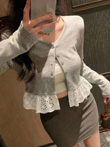 DAZY 女款休閒性感寬鬆圓領前開襟長袖高爾夫白色T恤，秋季款 - 灰色 - 查看 5
