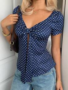 SHEIN CovetEZ 女士波点印花打结前襟休闲短袖T恤 - 藍色 - 查看 5
