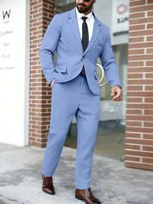 Manfinity Mode Men Plus Size Solid Color Lapel Collar Slim Fit Business Formal Suit Blazer And Pants Set, Ceremony - Blue - View 5