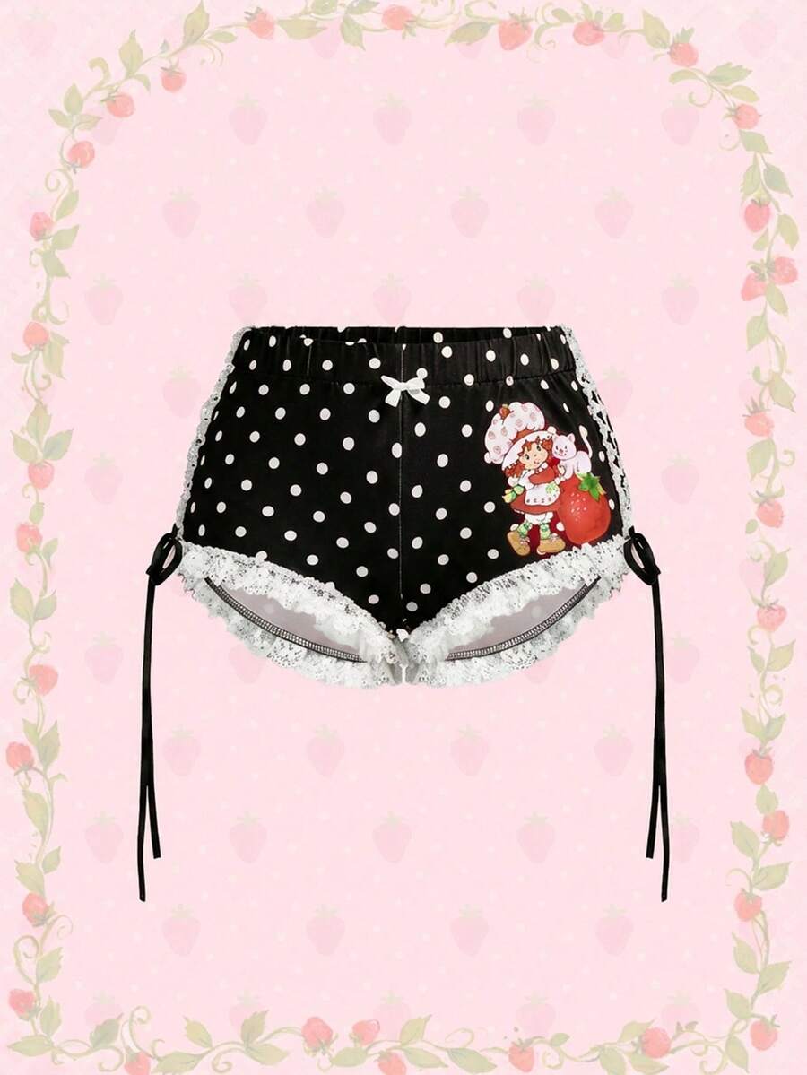 Strawberry Shortcake | ROMWE Women's Strawberry Crisp Shorts With Bow & Polka Dot Decor - Black - View 1