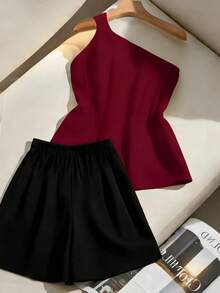 Conjunto casual de 2 piezas de top sin mangas y shorts de unicolor con diseño de metal para mujer - Rojo - Ver 2