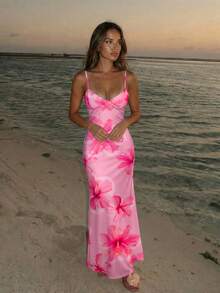 Aloruh Vacation Spaghetti Strap Tie-Up Bodycon Printed Dress For Women, Spring/Summer,Pink Dress - Pink - View 2