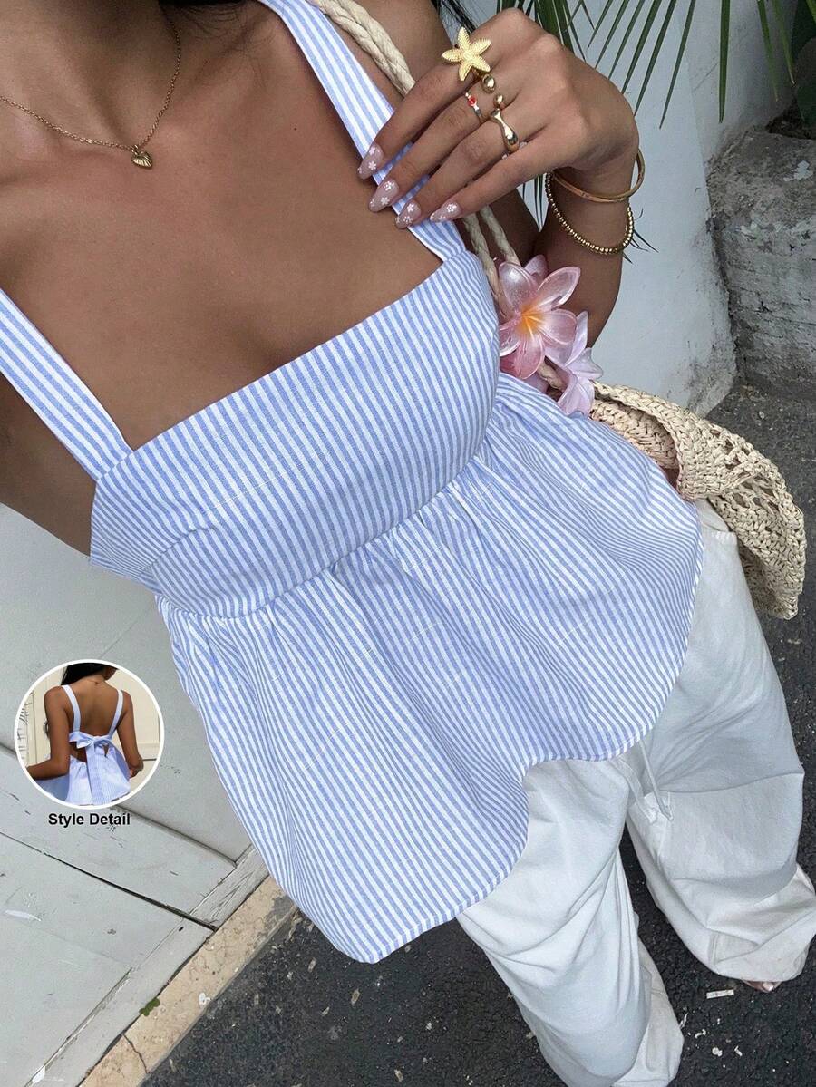 Aloruh 夏季女士条纹荷叶边吊带背心 - 藍白色 - 查看 1