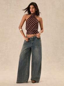 Easelle Áo kiểu cổ yếm chấm bi màu nâu dành cho nữ - màu nâu - Xem 3