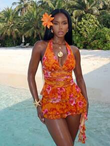 Vaytide Nuevo vestido de verano de ajuste ceñido con volantes multicapa y estampado de plantas tropicales semitransparente, vestido de playa sexy con espalda descubierta y ajuste estilizante, conjunto de traje de baño de 2 piezas con shorts para mujer - Multicolor - Ver 3