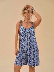 Travachic Plus Size Casual Vacation Floral Print Red Tie-Up Loose Strap Dress For Women - Blue and White - View 4