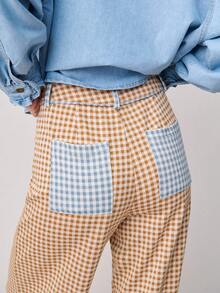 Nöista Gingham Medium-Waisted Pants With Contrasting Blue Checkered Pockets And Waist And Wide Leg. Spring, Summer, Pants. - Khaki - View 6