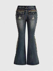ROMWE Y2K Gyaru Shibuya Midriff Flashing Low Waist Leopard Print Patchwork Vintage Distressed Design Women Jeans - Dark Wash - View 2