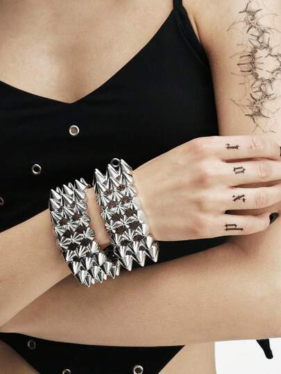 MortiRose 2pcs Punk Style ABS Plastic Rivet Bracelet Couples Set, Women Silver Personalized Rivet Bangle, Suitable For Daily Wear, Party, Music Festival