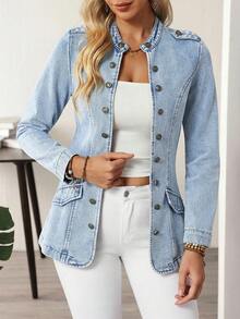 EMERY ROSE Áo khoác denim dài tay nữ, cài một hàng cúc, kiểu dáng thường ngày, đa năng. - Màu xanh lam - Xem 5