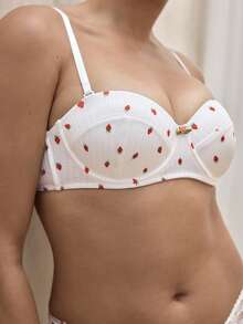 Conjunto de lencería de 2 piezas de sujetador con aros y pantis con estampado de fresa y encaje, ropa interior, estilo kawaii - Blanco - Ver 2