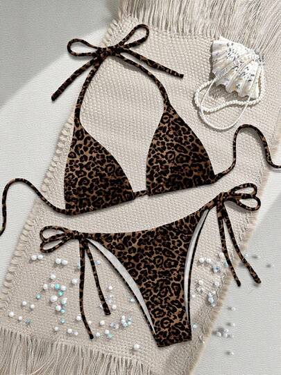 Soleia Conjunto de traje de baño casual de vacaciones para mujer, estampado de leopardo, atuendo de playa/borde del mar