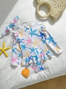 Traje de baño de una pieza con volantes y estampado de estrella de mar, con diadema, para bebé niña - Multicolor - Ver 2