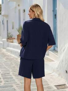 Faunlyn Bộ đồ nữ đi nghỉ mát, màu trơn gồm áo và quần short, gồm 2 món. - Màu xanh hải quân - Xem 2