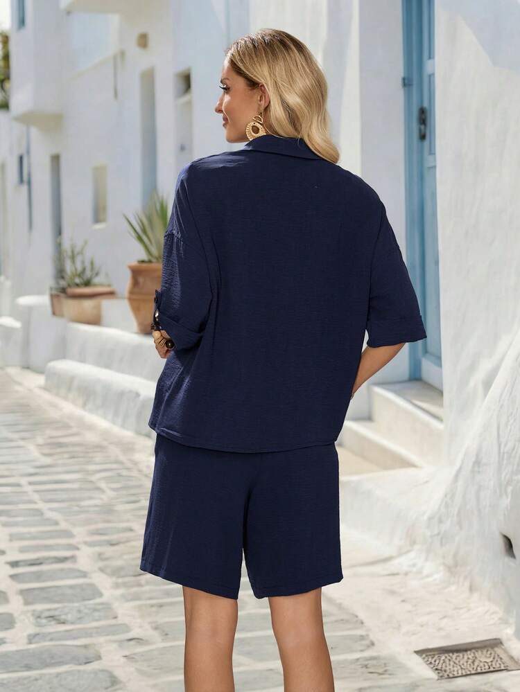 Women's Vacation Casual Solid Color Shirt And Shorts 2 Pieces Set Summer Outfits For Women Casual Sets For Women Work Outfits For Women Office Outfits For Women Two Piece Set Women Summer Two Piece Set 2-Piece Going Out Sets For Women Two-Piece Shorts Set For Women Shorts Set Two Piece Matching Sets For Women Women's Blouse Set