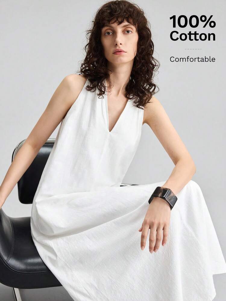 Elegant V-Neck Ivory White Midi Dress, Chic And Romantic French Style, Luxury Fabric, Versatile For Business, Casual, Office, Wedding Guest, Summer, Holiday, Commute,Summer Dresses For Women