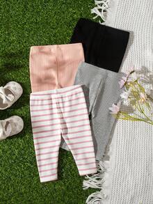 4pcs Newborn Baby Casual Daily Commute Versatile Solid Color & Ribbed Print Rib-Knit Leggings - Multicolor - View 8