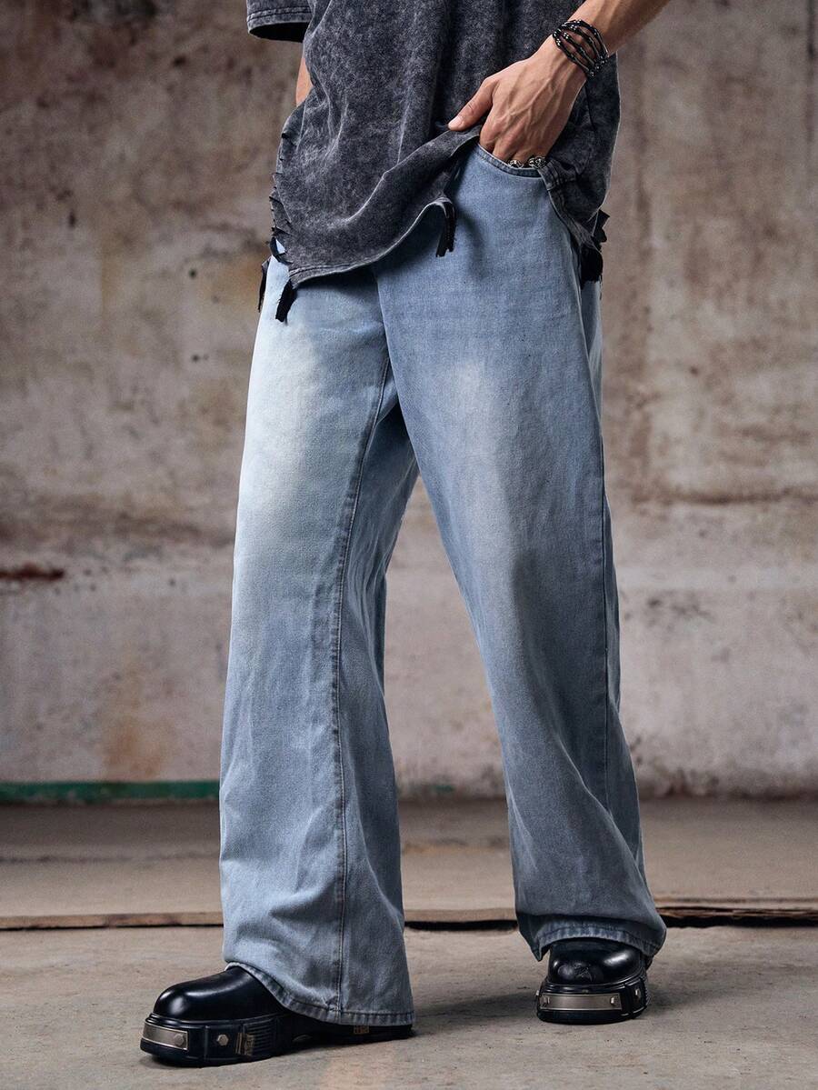 Skyrend Men's Solid Color Wide Leg Denim Jeans With Slanted Pockets Baggy Long Washed Flare Jean Cargo Plain Light Blue Party Street Wear Rapper Street Going Out Hang Out College Sport - Light Wash - View 1