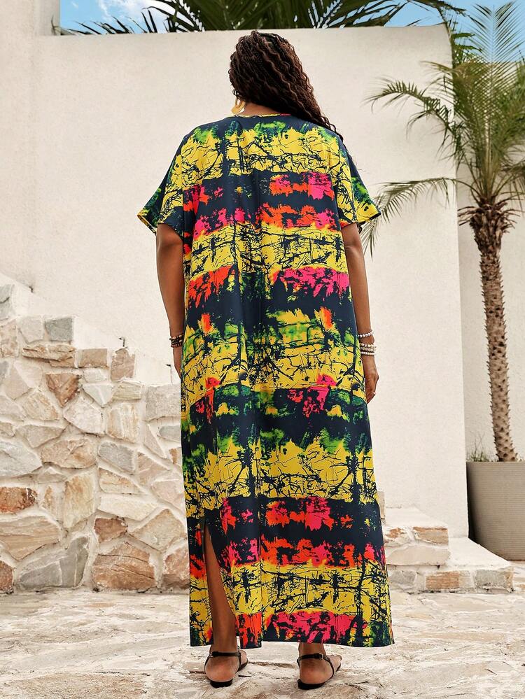 Plus Size Women's Loose Floral Print Casual Vacation Summer Tie-Dye Vent Long Beach Dress