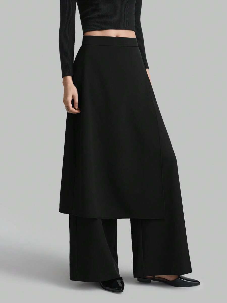 SHEIN X Scot Louie Ontre 2026春夏斯德哥尔摩风格，女教师套装，女装，2025高腰侧拉链解构两件套裤，黑色休闲裤，日常穿着，女教师商务休闲装 - 黑色 - 查看 1