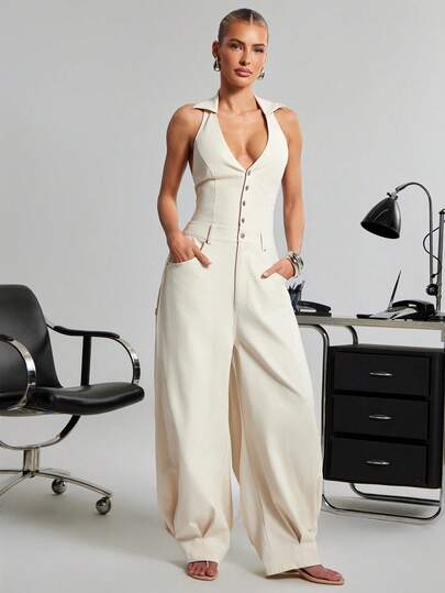 Hauture Women's Solid Color Button Design Casual Halter Wide Leg Jumpsuit