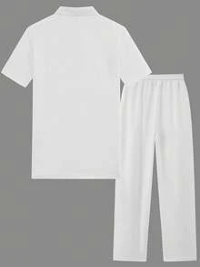 Manfinity Homme 2 piezas Conjunto casual de hombre de tejido de gofre: Camisa de cuello con cremallera de manga corta y pantalones con cordón - Negro, mezcla de poliéster, adecuado para uso casual en primavera/verano - Blanco - Ver 2