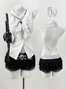 Sunspun Plus Size Women Ruffle Collar Open Front Double Frill Trim Cinched Waist Blouse - White - View 1
