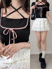 FRIFUL Camiseta de mujer con mangas gigot y detalles contrastantes en el frente, de moda para el verano - Negro - Ver 2