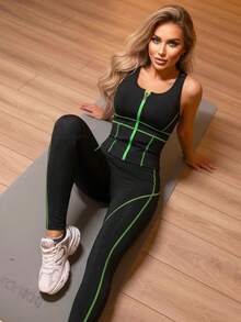 Innovista Women's Contrast Stitching Fitted Camisole And Leggings Tennis Outfit - Black - View 1