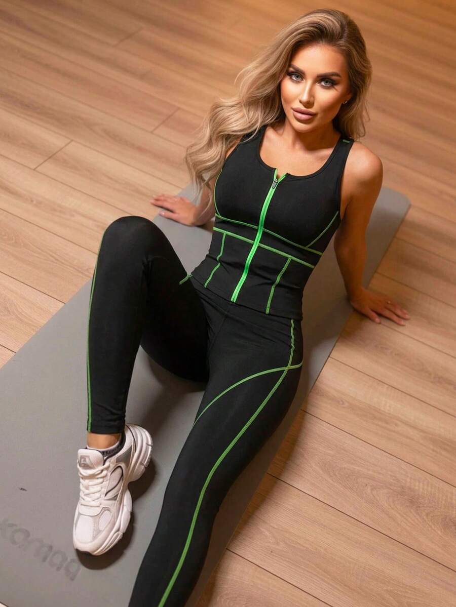 Innovista Women's Contrast Stitching Fitted Camisole And Leggings Tennis Outfit - Black - View 1