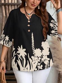 EMERY ROSE Plus Size Casual Minimalist Floral Print Shirt, Suitable For Summer - Black - View 3