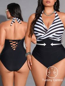 Shapewave Plus Size Women Elegant One-Piece Swimsuit - Black - View 1