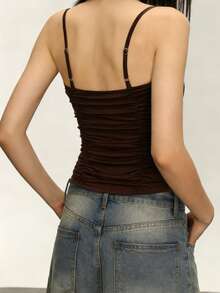 INAWLY Camiseta de tirantes ajustada con fruncido de unicolor para mujer - Café integral - Ver 2