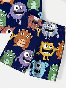 SHEIN Young Boy Cartoon Monster Pattern Casual Minimalist Snug-Fit Cozy Round Neck Short Sleeve Shorts Homewear, Suitable For Spring/Summer - Multicolor - View 3