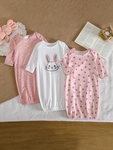 3-Piece Newborn Baby Pajamas Light Pink,Autumn,Cute,Family Matching Rabbit Polka Dot Sleep Sack Gown Set,Soft Cotton Long Sleeve Infants Nightgown - Multicolor - View 9