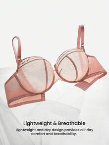 LUVLETTE Soutien-gorge pour femmes en maille transparente et dentelle, ton terre, avec effet minimisateur, sans rembourrage, respirant et épousant les courbes - Acajou - Voir 9