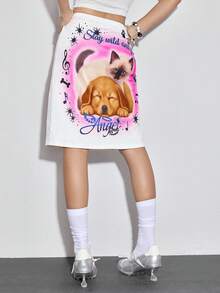 ROMWE Minifalda casual y dulce de estilo Kawaii Y2K con estampado de gato y perro para mujer - Rosa - Ver 6