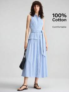 Ontre Đầm không tay in họa tiết sọc thời trang nữ - Xanh và trắng - Xem 4