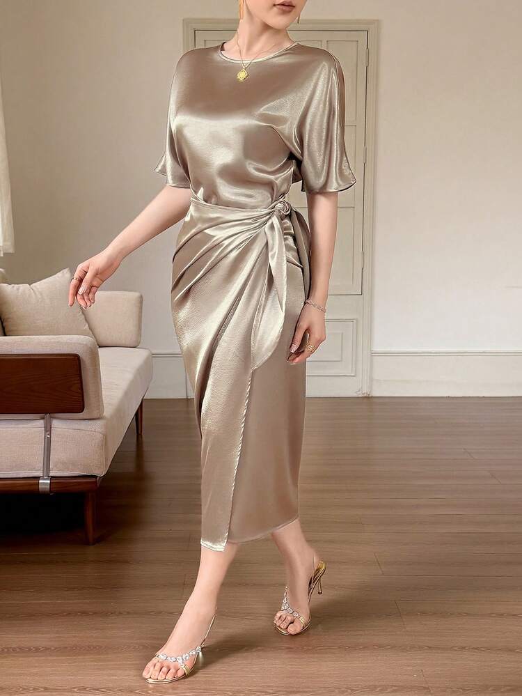 Women's Elegant Solid Color Side Tie Short Sleeve Dress, Summer Sun Dresses For Women