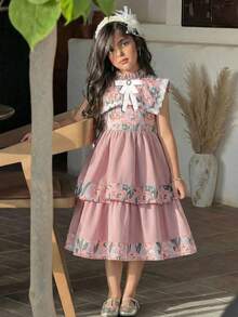 SHEIN Young Girl Ditsy Floral Contrast Color Bow Sleeveless Casual Dress, Young Girls - Pink - View 5