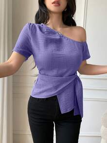 Blusa casual de ajuste ceñido con diseño de cuello con nudo en los hombros elegante para mujeres - Morado - Ver 5