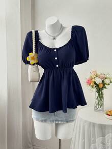 Sweetra Plus Size Women Comfortable Square Neck Textured Crinkle Fabric Short Sleeve Blouse - Navy Blue - View 3