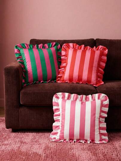Joivida 1pc Striped Ruffled Skirt Cushion: A Home Textile American-Style Sofa Decoration Cushion, Featuring A Striped Cover And A Pillow Core, Suitable For Home Sofa Decoration.