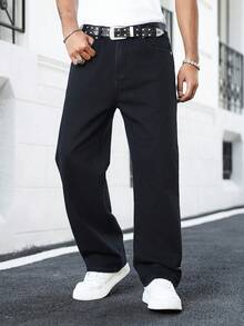 Manfinity EMRG Quần jeans ống rộng dáng suông cao cấp dành cho nam giới, thêu hoa anh đào, đã qua xử lý giặt. - màu đen - Xem 5