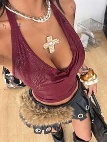 Coolane Top pour femme  bordeaux à col bénitier et col évasé, style streetwear Y2K vintage techno, pour club, soirée rave, décontracté et élégant, automne et été - Rouge foncé - Voir 2