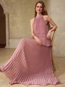 PREMIUM ROMANTIC PLEATED SLEEVELESS DRESS FOR DATES, SPRING/SUMMER - Pink - View 6