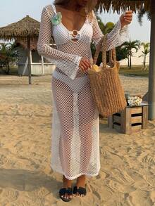 DAZY 白色镂空沙滩度假女式衬衫，春夏款 - 白色 - 查看 5