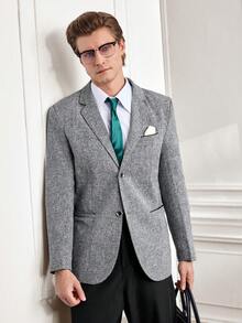 Officeau Men Lapel Neck Single Button Blazer Without Tee - Light Grey - View 4