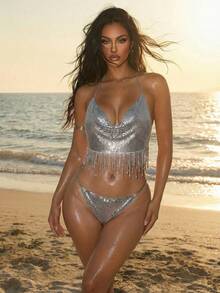 Swim SXY Backless Halter Sequin Rhinestone Crystal Tassel Crop Top Holiday Party Silver Summer - Silver - View 2