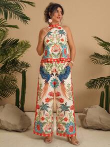 Travachic Plus Size Women Palm Tree Print Halter Top And Wide Leg Pants Casual 2 Pieces Set - Multicolor - View 6